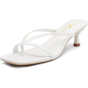 Athlefit Women's White Polyurethane Square Open Toe Kitten Heels Thong Sandals